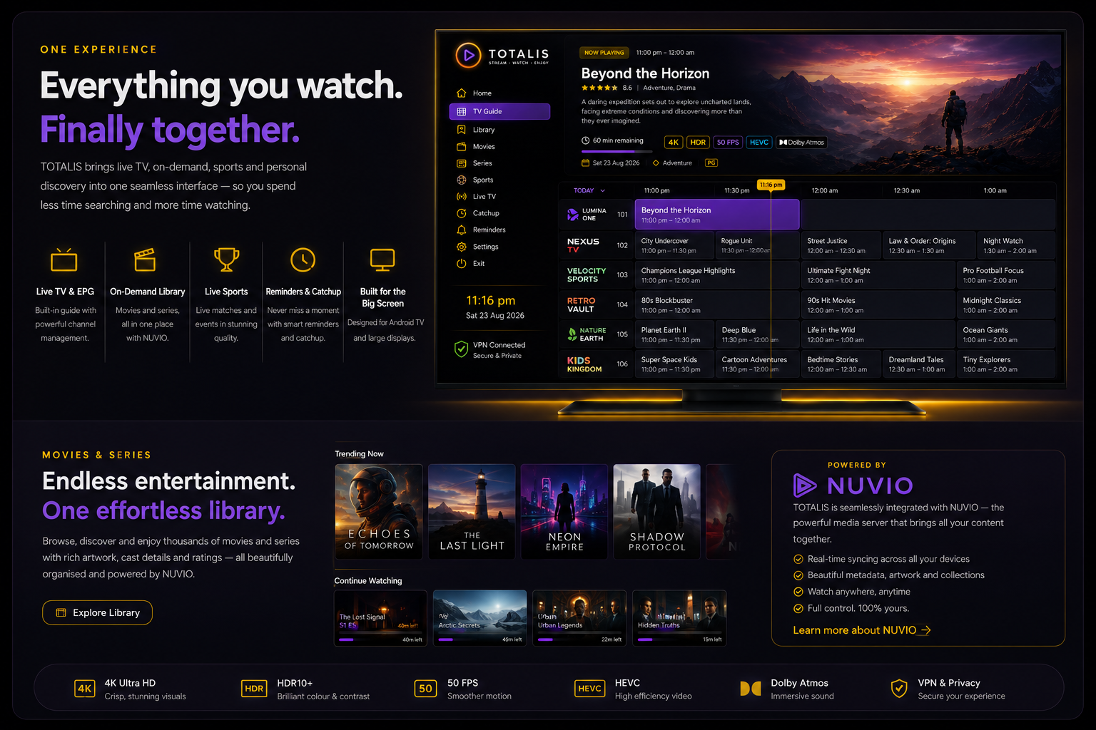 AI-generated TOTALIS concept showing Live TV EPG, Movies, Series and Nuvio integration